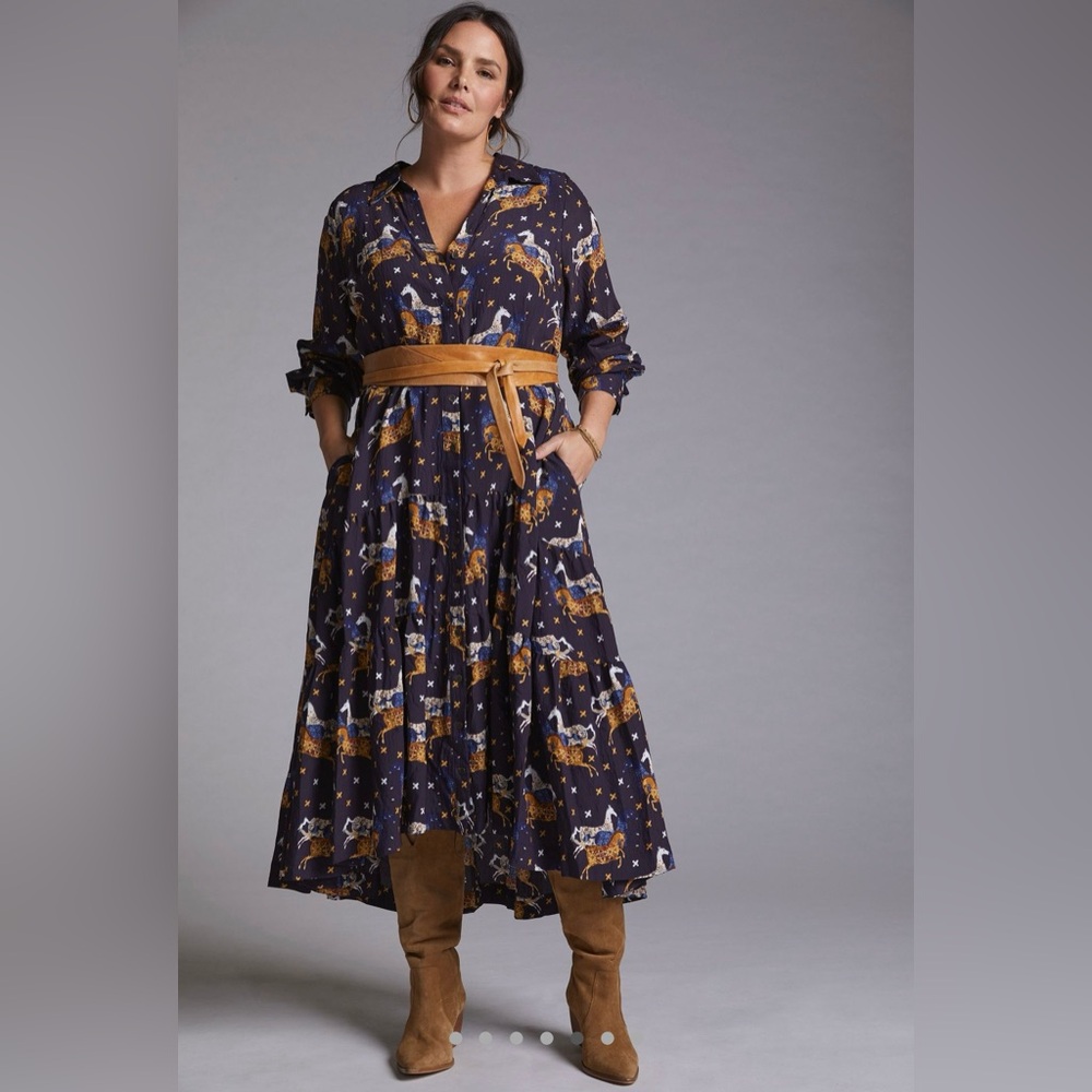 Anthropologie Tied Maxi‎ Shirtdress - Carousel Horse Motif
